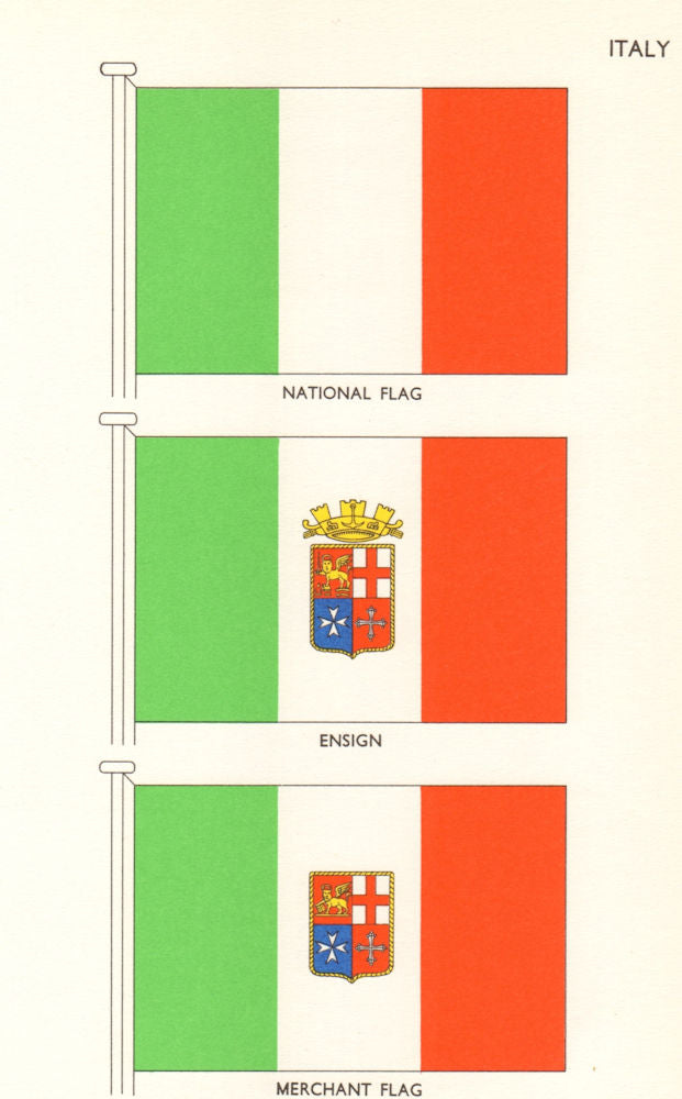 ITALY FLAGS. National Flag, Ensign, Merchant Flag 1964 old vintage print